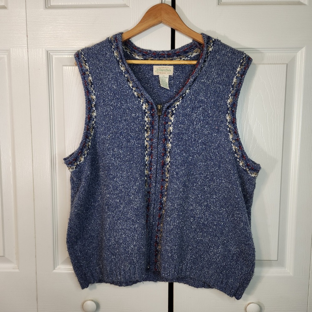 VTG St Johns Bay 2X Blue Marl Full Zip Fair Isle Trim Knit Sweater Vest Wool Mix